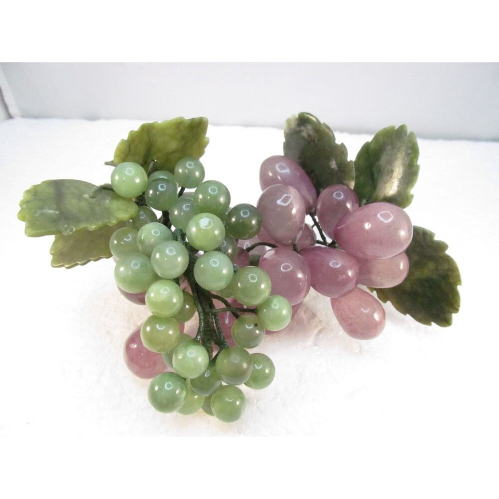 Amethyst and Green Aventurine Stone Grape Clusters with Leaves Set of 2